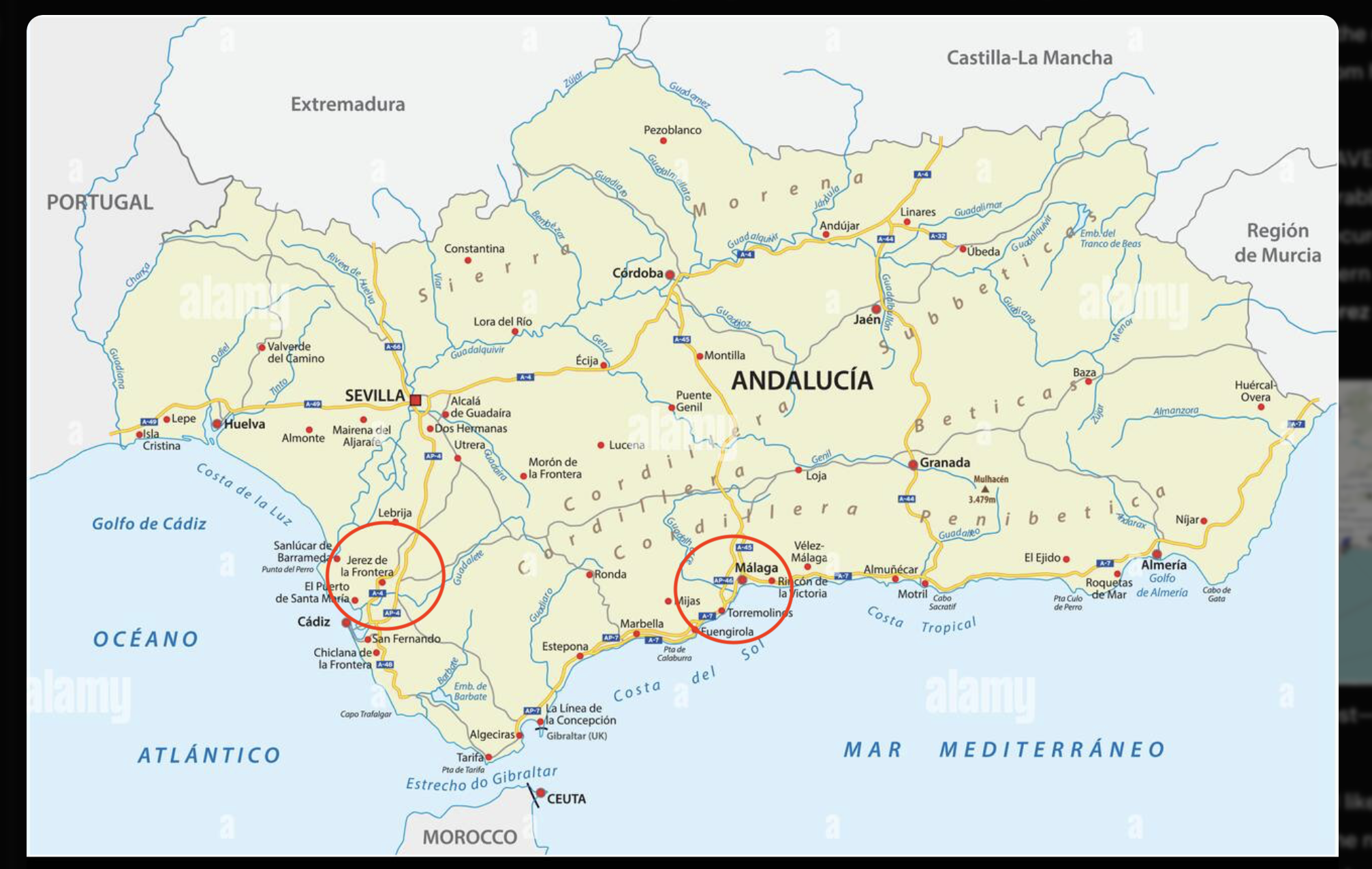 Map of Andalusia with Malaga, Torremolinos, and Jerez de la Frontera circled